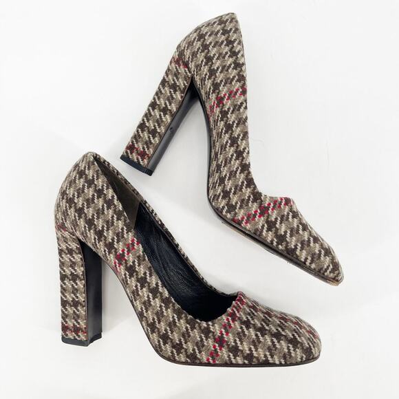 Prada Vintage IT 37 Brown Wool Houndstooth Square Toe Chunky Block Heel Pumps - Picture 3 of 11